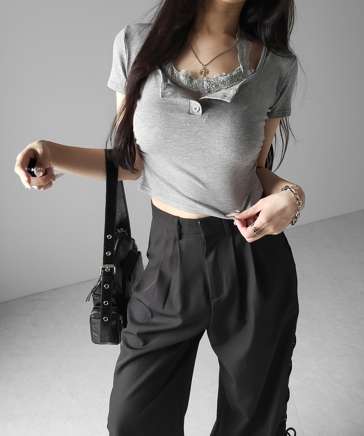 レースアップダブルタックワイドスラックス / laceup double tack wide slacks