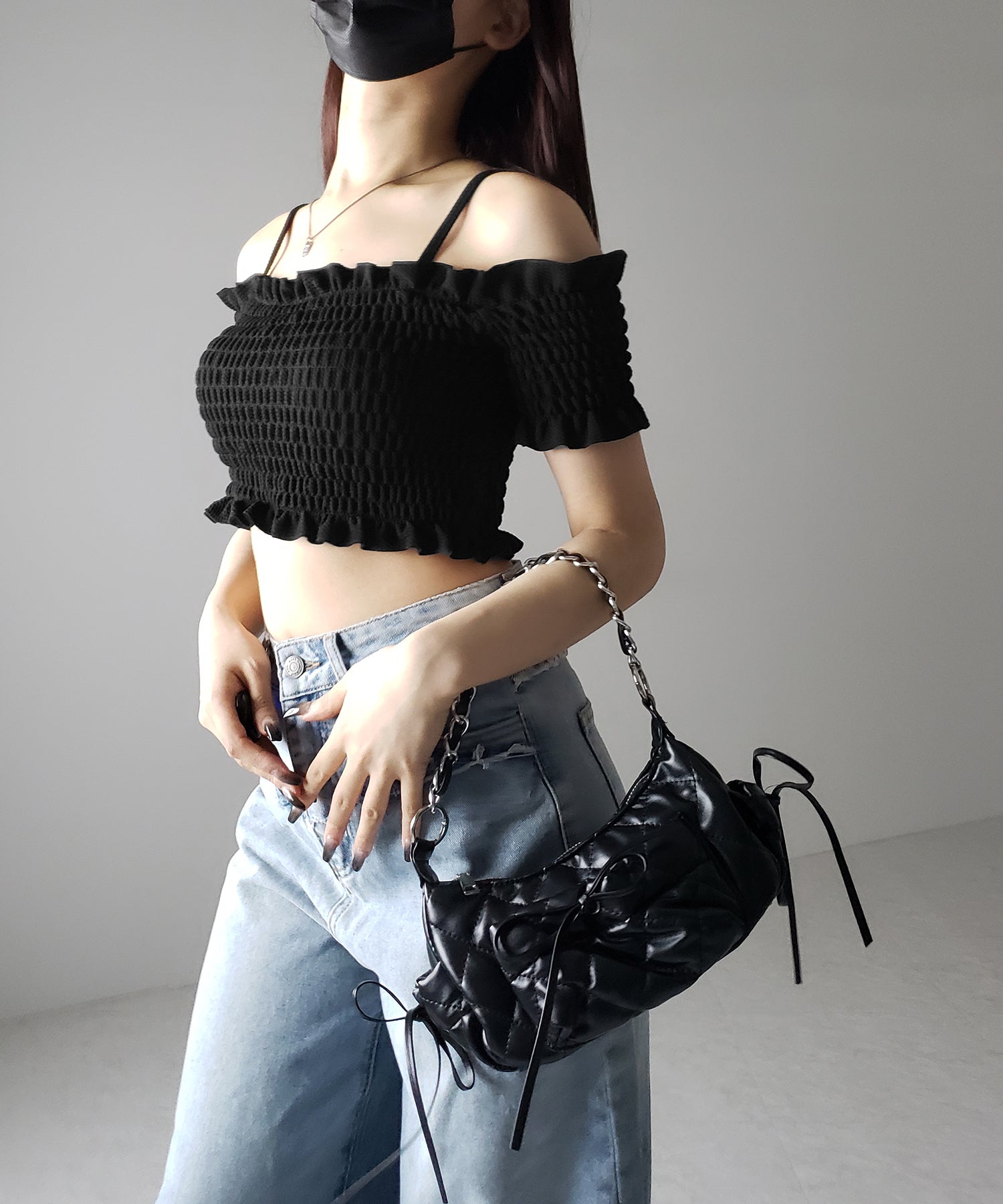 【 レディース水着/2点セット 】オフショルダーシャーリングギャザーハイウエストビキニ / off shoulder shirring gather highwaist bikini