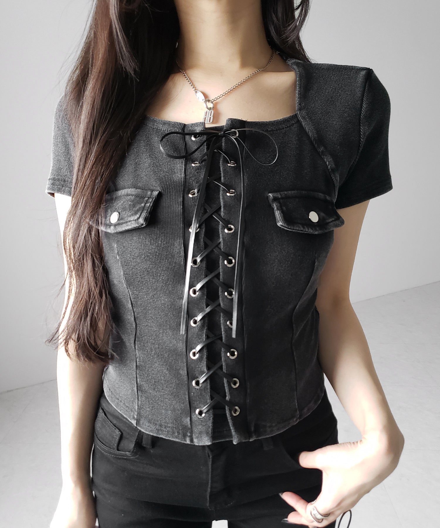 ヴィンテージレースアップスクエア半袖Tシャツ / vintage laceup square T-shirts