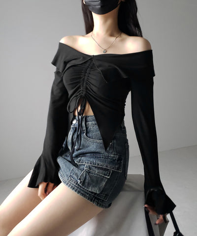 シャーリングフロントスリットオフショルトップス / shirring front slit offshoulder tops