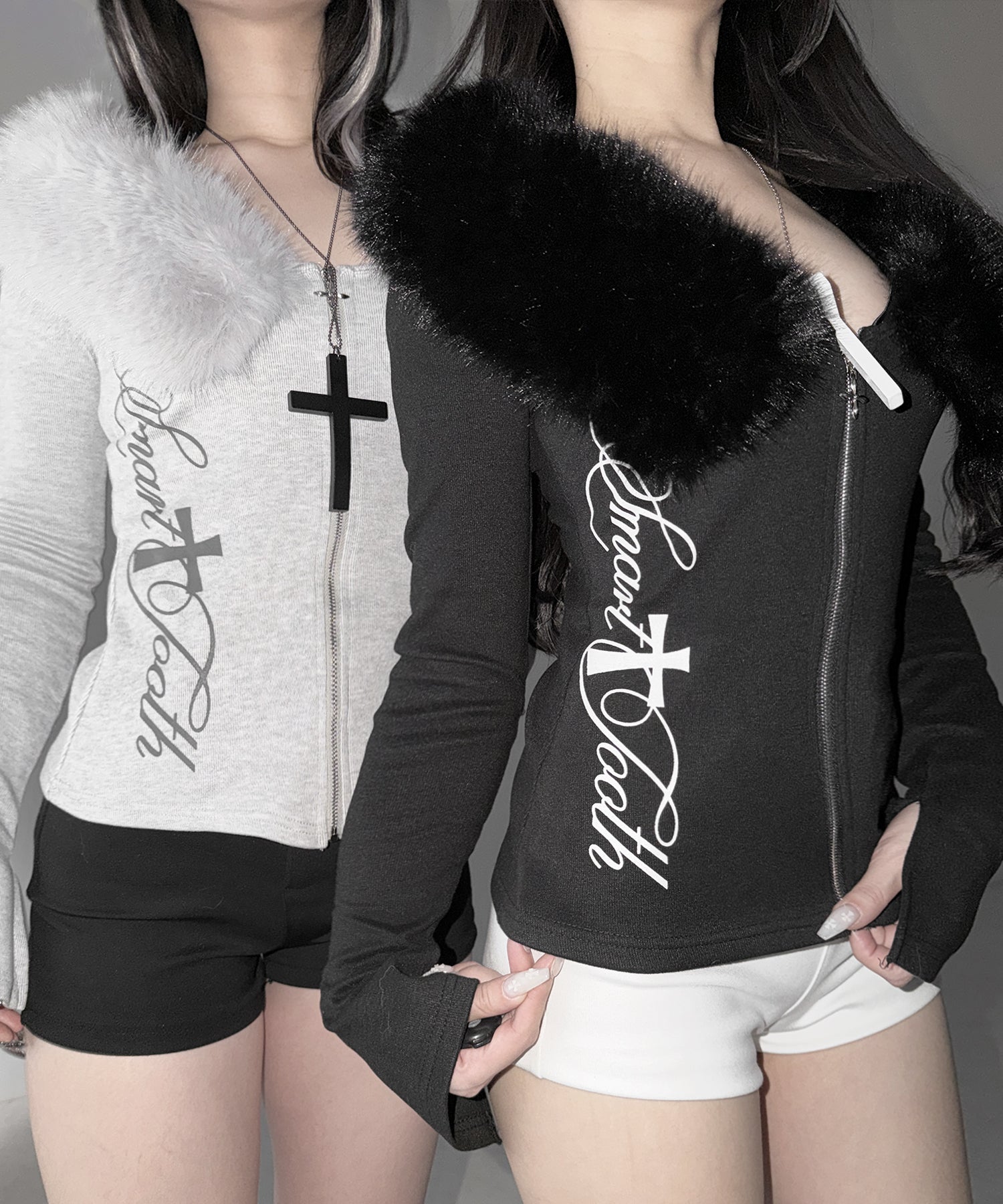 ファー襟クロスロゴジップアップリブカーディガン / fur collar cross logo zipup rib cardigan