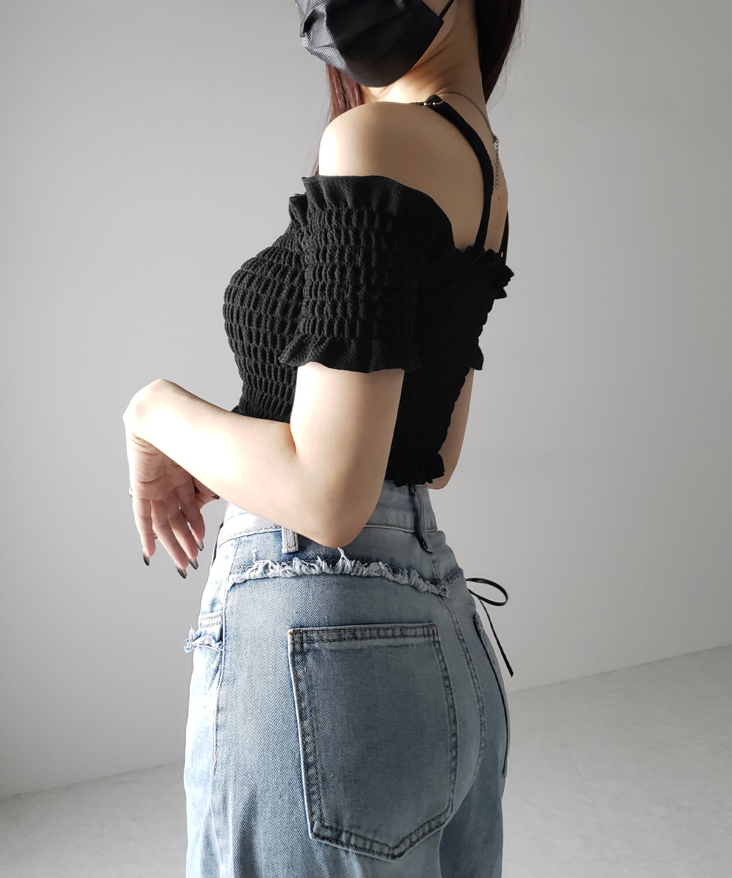 【 レディース水着/2点セット 】オフショルダーシャーリングギャザーハイウエストビキニ / off shoulder shirring gather highwaist bikini