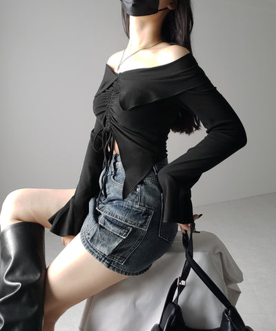 シャーリングフロントスリットオフショルトップス / shirring front slit offshoulder tops