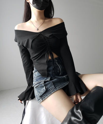シャーリングフロントスリットオフショルトップス / shirring front slit offshoulder tops
