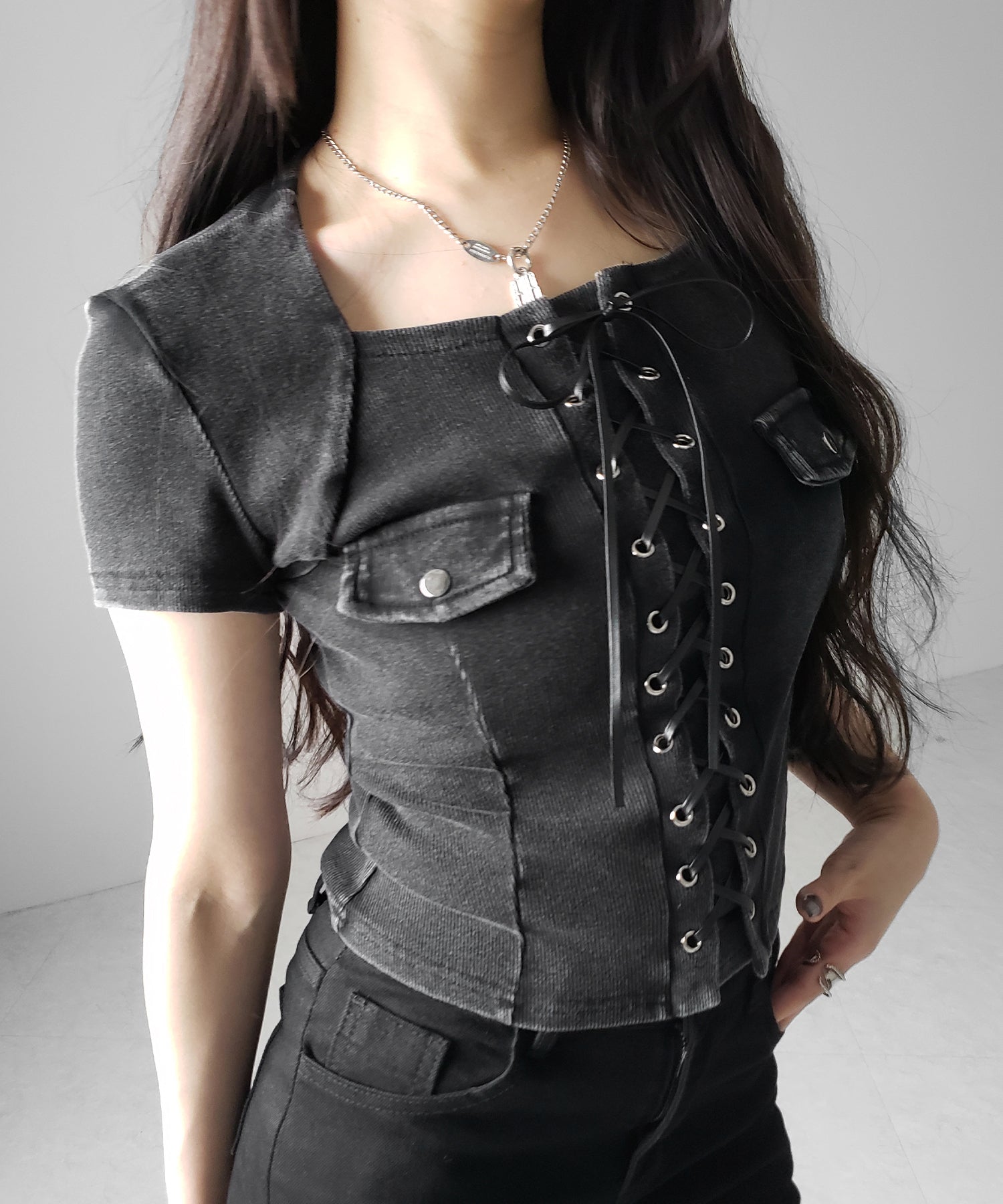 ヴィンテージレースアップスクエア半袖Tシャツ / vintage laceup square T-shirts