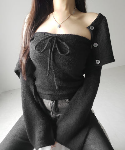 【 2点セット 】フロントリボンニットベアトップ + 長袖ショートカーディガン SET / front ribbon knit bare top + long sleeve short cardigan set