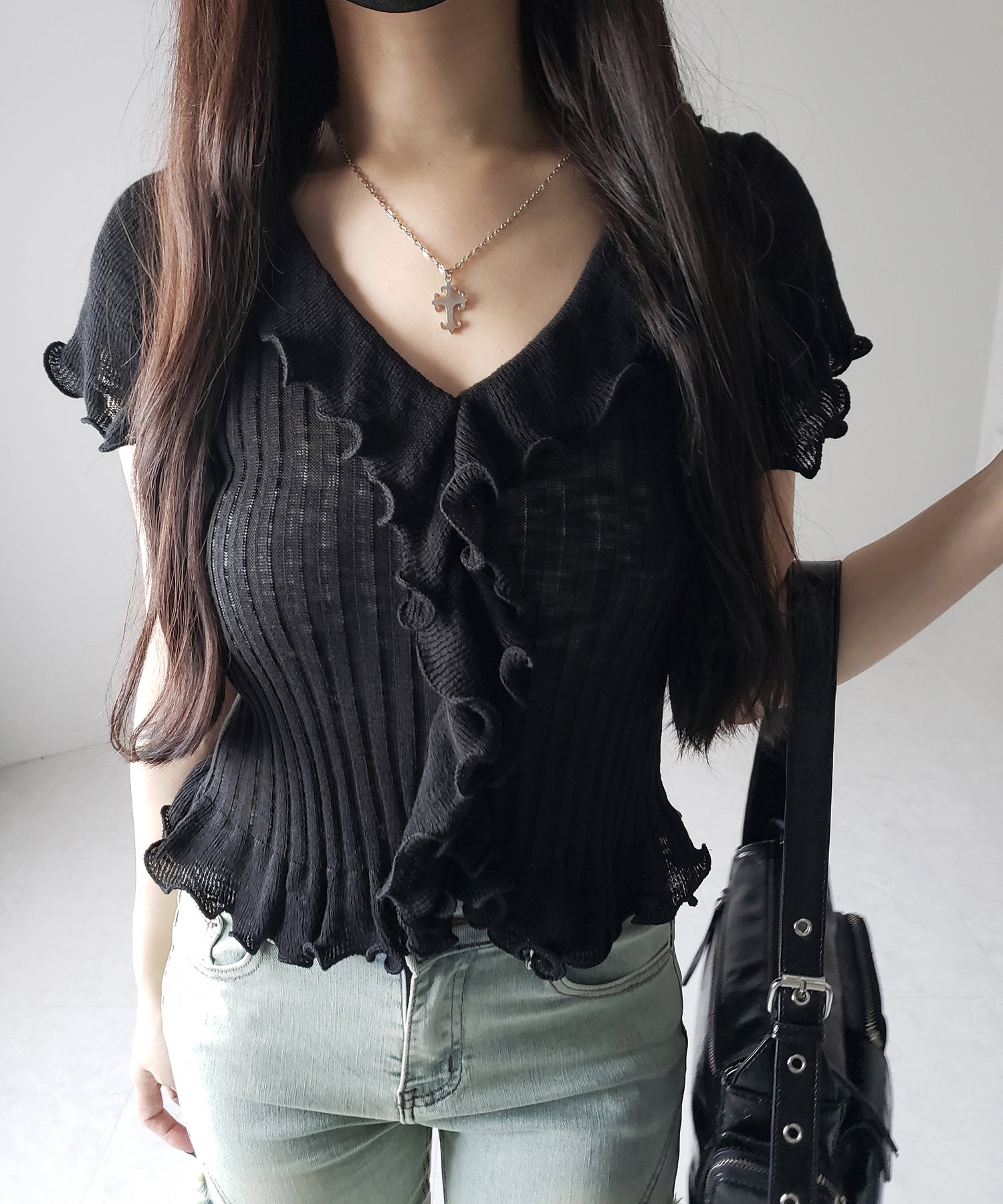 シアーフリル半袖リブニットカーディガン / sheer frill short sleeve rib knit cardigan