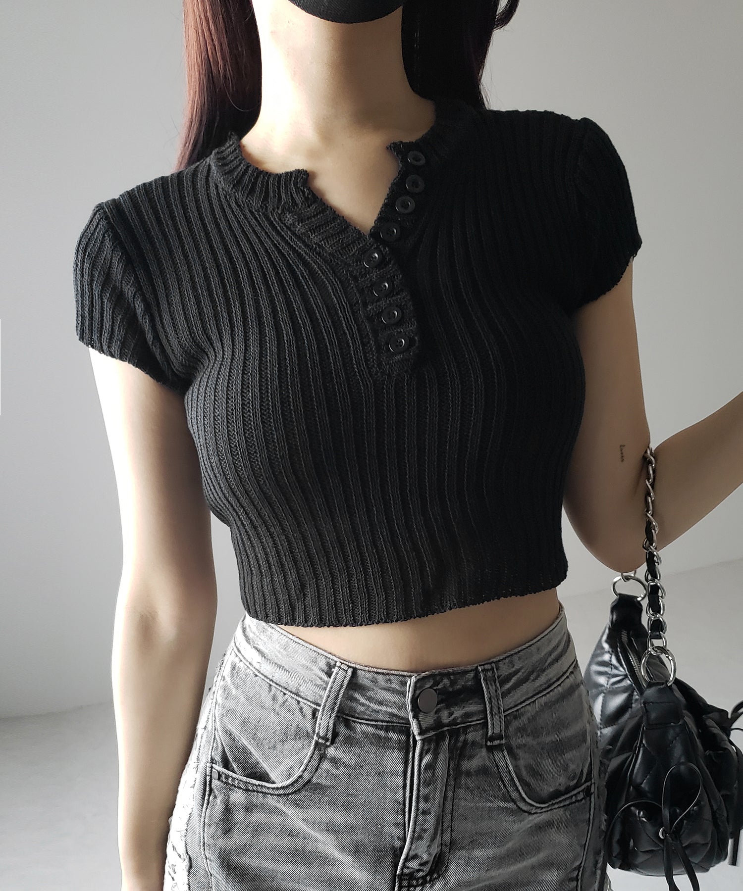 キーネックショートサマーリブニットトップス / Key neck short summer rib knit tops