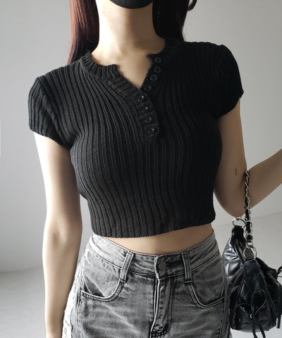 キーネックショートサマーリブニットトップス / Key neck short summer rib knit tops