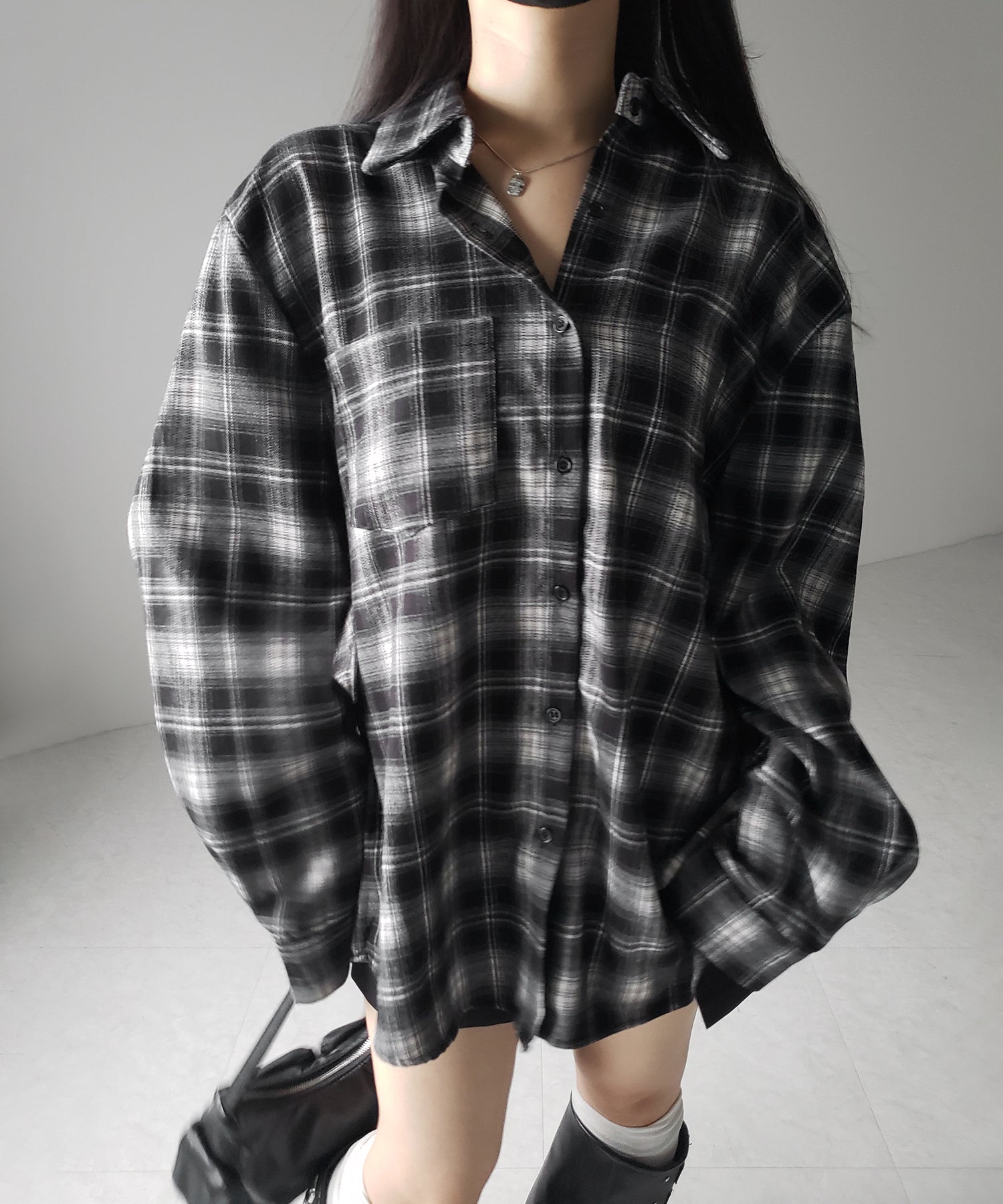 ビッグシルエットブラックチェックネルシャツ / big silhouette black check flannel shirt