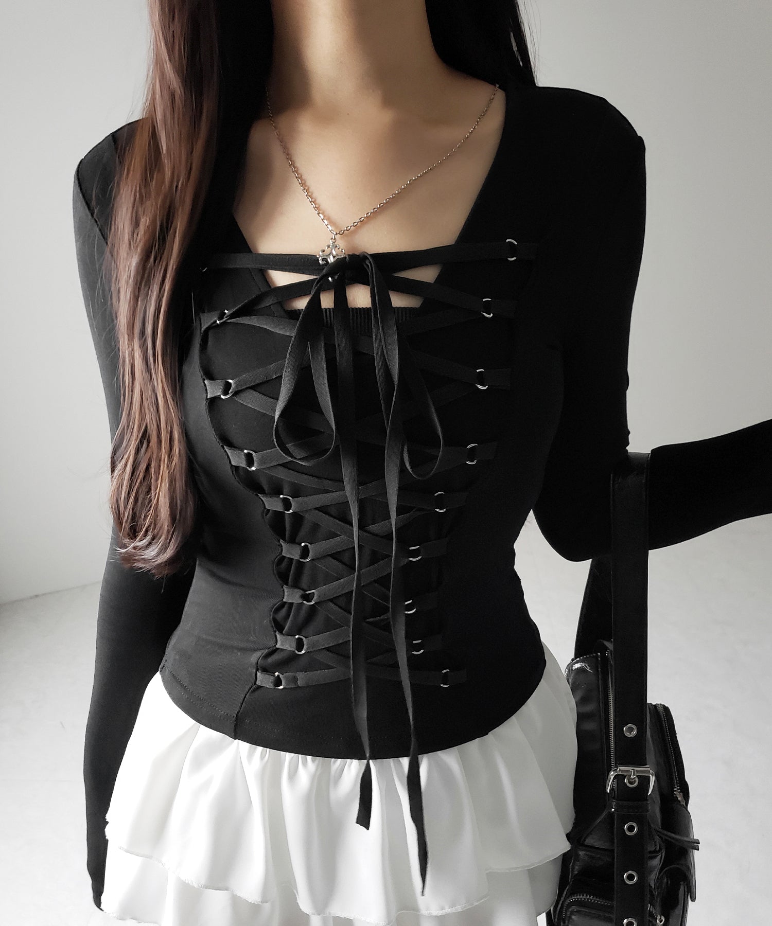 【 新色ピンク追加! /3WAY 】レースアップコルセットリボンチョーカートップス / lace up corset ribbon choker tops