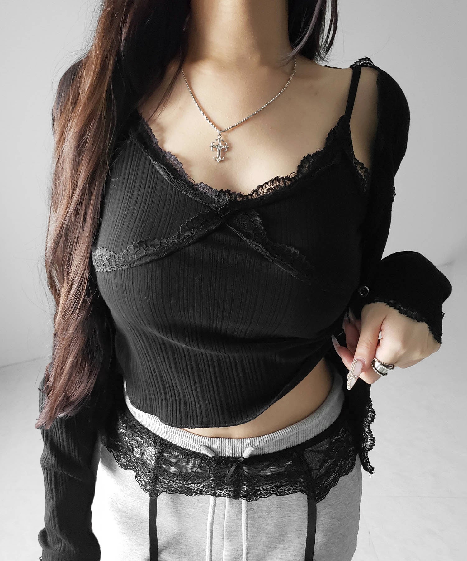【 2点セット 】レースドッキングリブキャミソール + カーディガンセット / lace docking lib camisole + cardigan SET