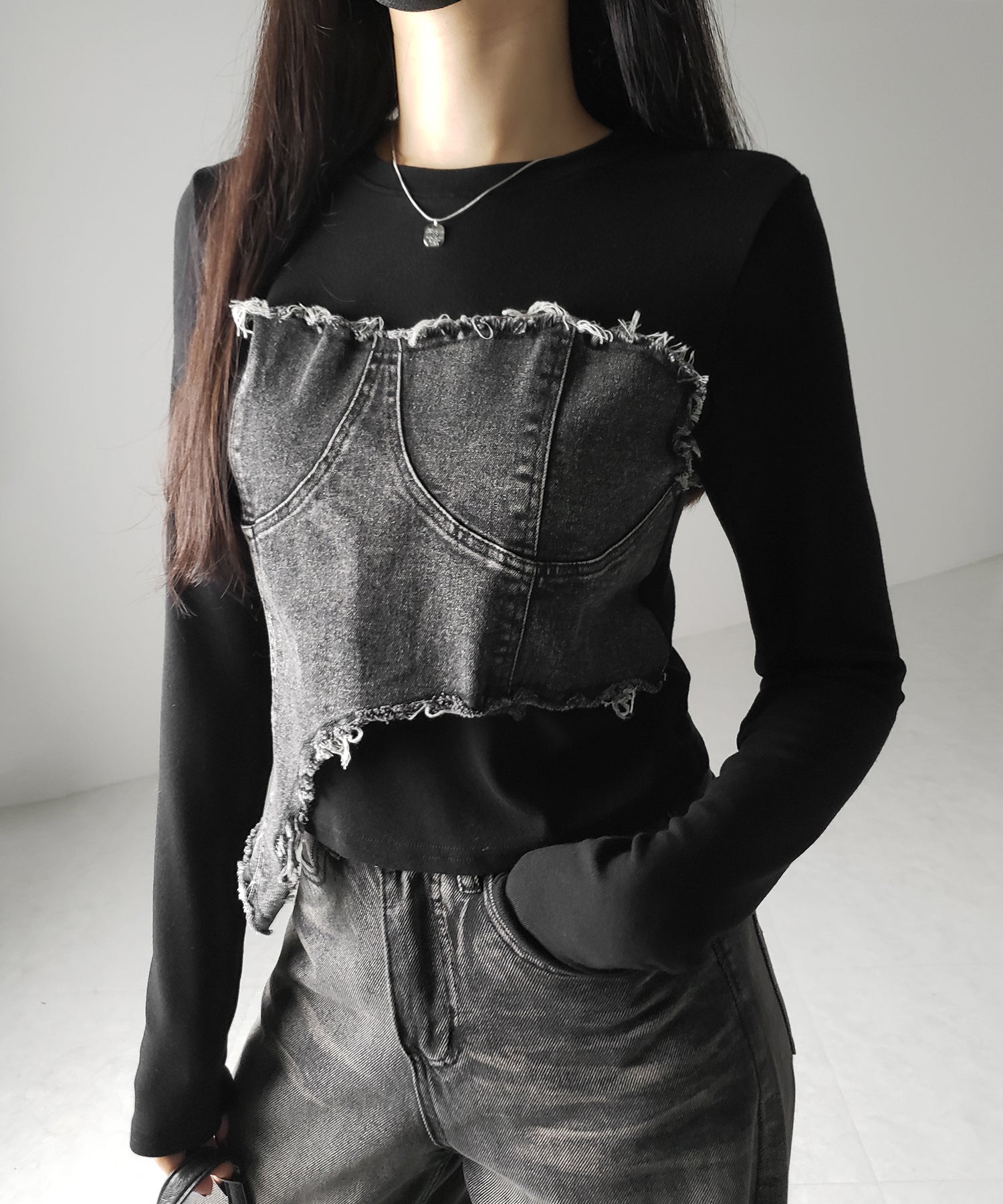 【 2color 】ダメージデニムビスチェドッキングTシャツ / damage denim bustier docking Tee