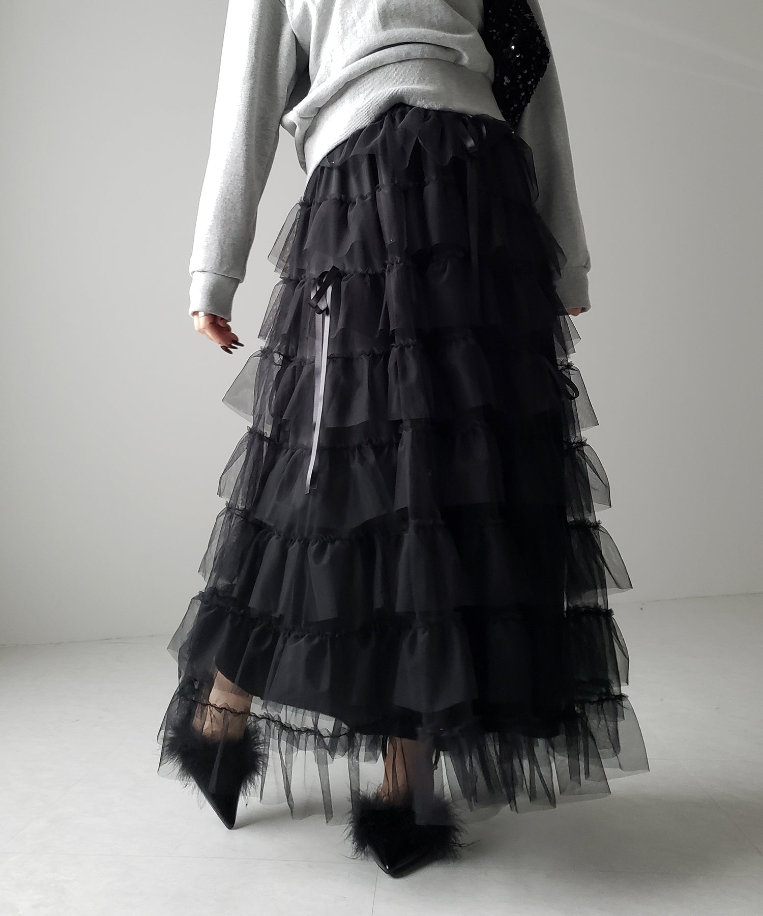 【 4color 】ストラップリボンバレエコアチュールスカート /strap ribbon ballet core tulle skirt