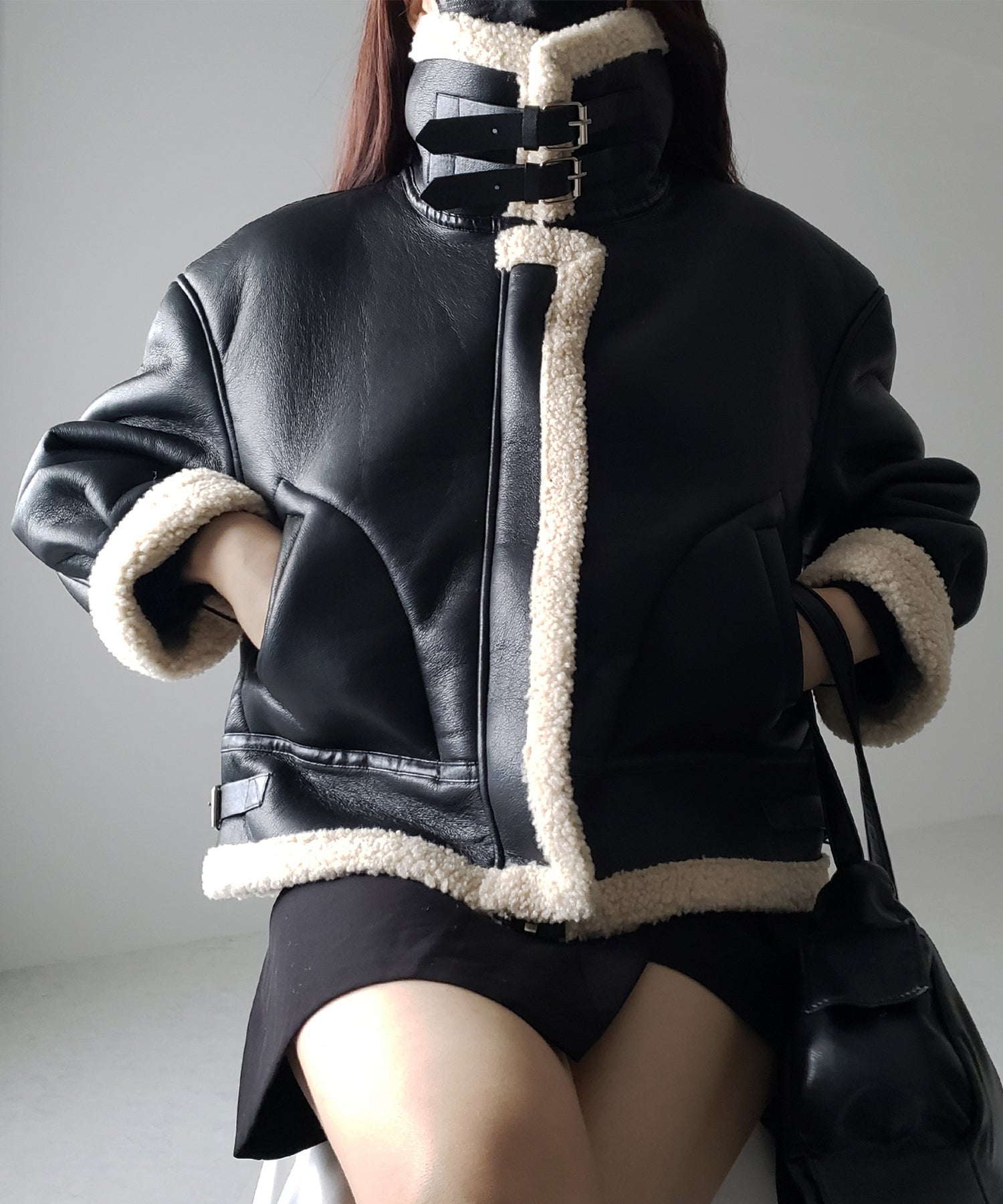 フェイクレザームートンB-3クロップドフライトジャケット