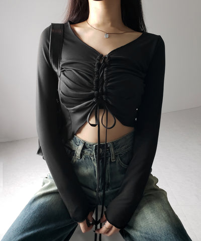レースアップショートスリムカットソートップス / lace up short slim cut and sew tops