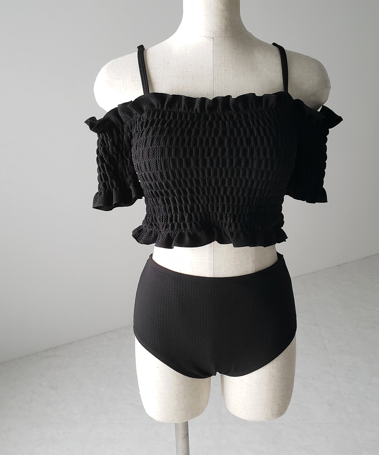 【 レディース水着/2点セット 】オフショルダーシャーリングギャザーハイウエストビキニ / off shoulder shirring gather highwaist bikini