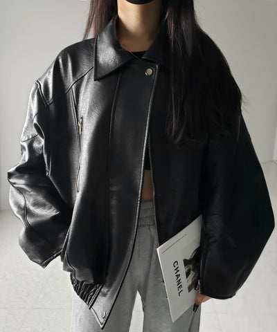 【 2color 】ヴィンテージライクボリュームスリーブフェイクレザーブルゾン / vintage like volume sleeve fake leather blouson