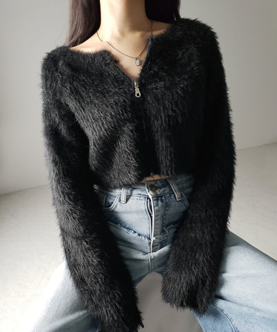 フロントジップショートシャギーニットカーディガン / front zip short shaggy knit cardigan