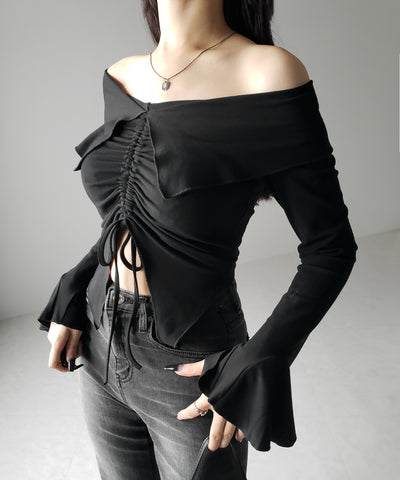 シャーリングフロントスリットオフショルトップス / shirring front slit offshoulder tops