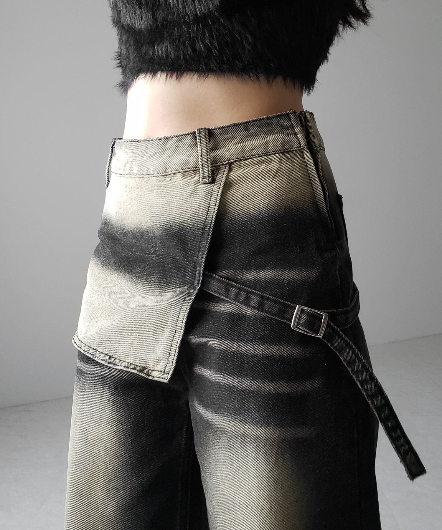 【 2color /4size 】ラップレイヤードバイカラーブリーチワイドデニム / wrap layered bicolor bleach wide denim