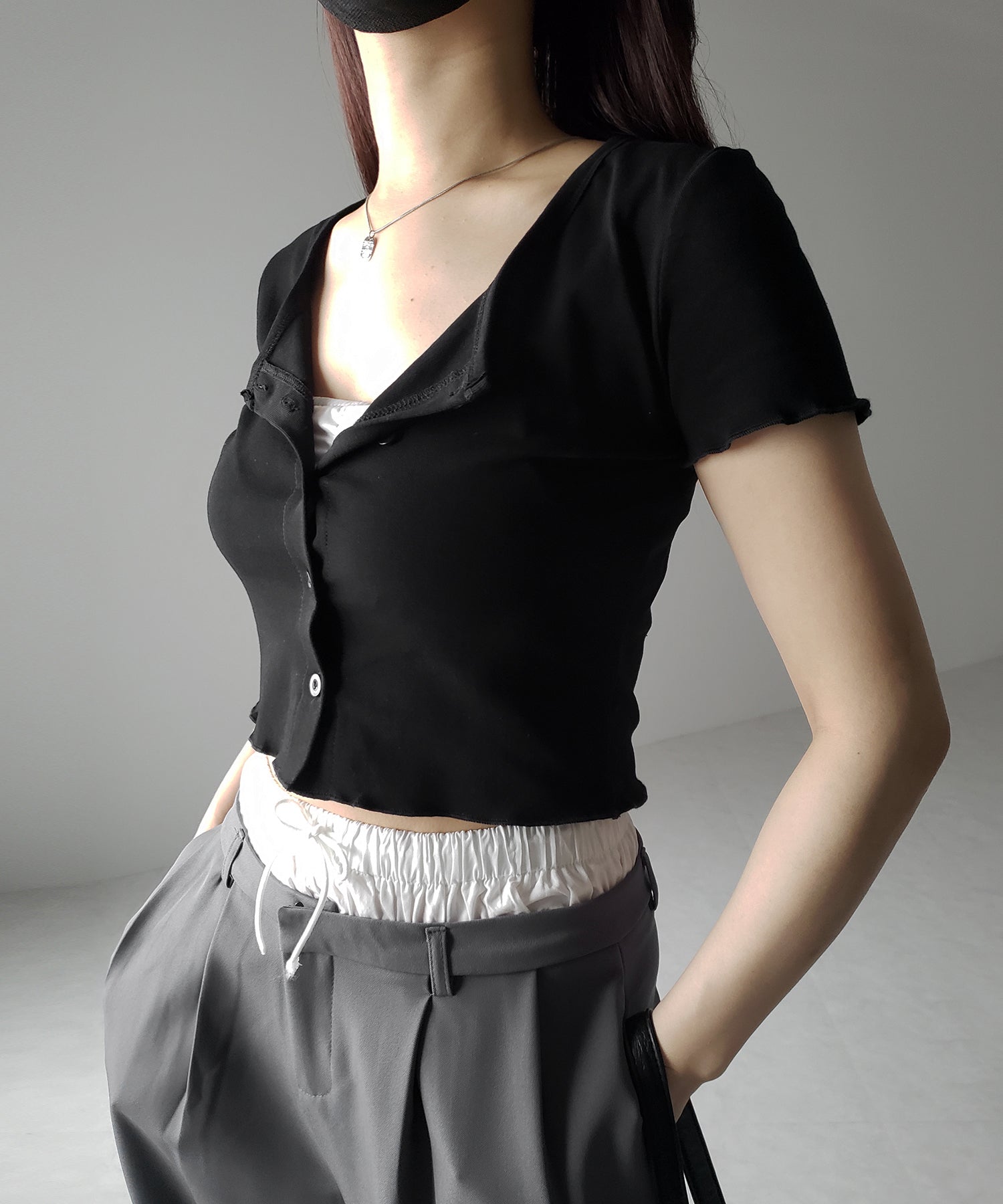 【 3color 】フロントボタン半袖メローショートTシャツ / front button mellow short Tee