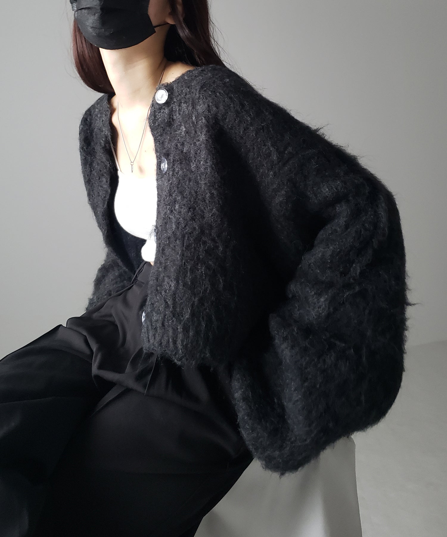 ボリュームワイドスリーブショートシャギーニットカーディガン / volume wide sleeve short shaggy knit cardigan
