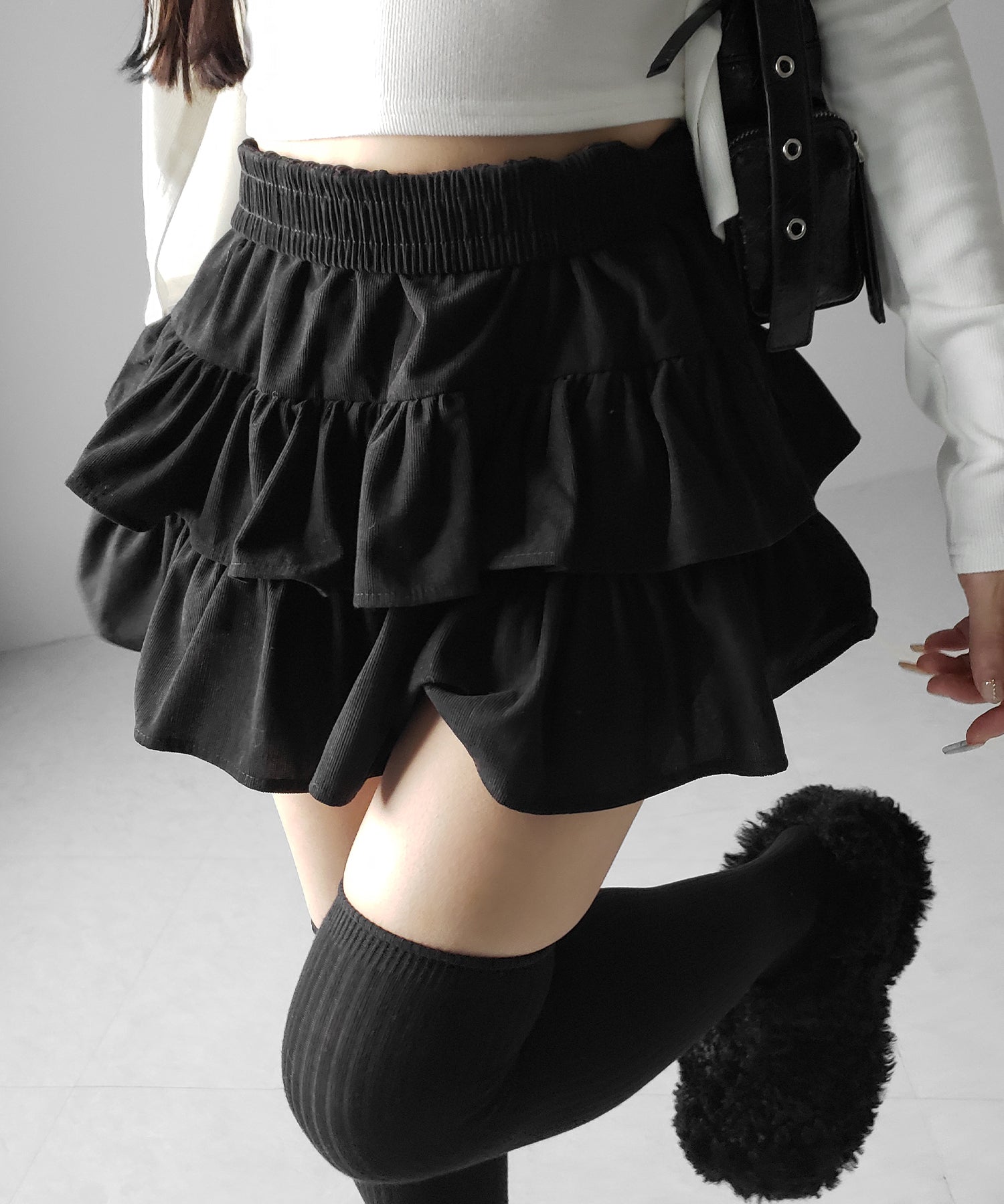 【 無地 or レオパードから選べる / インパン裏地付 】コーデュロイティアードフリルミニスカート / corduroy tiered frill mini skirt