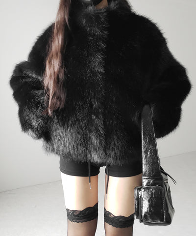 スタンドカラーフェイクファークロップドコート / stand collar fake fur cropped coat