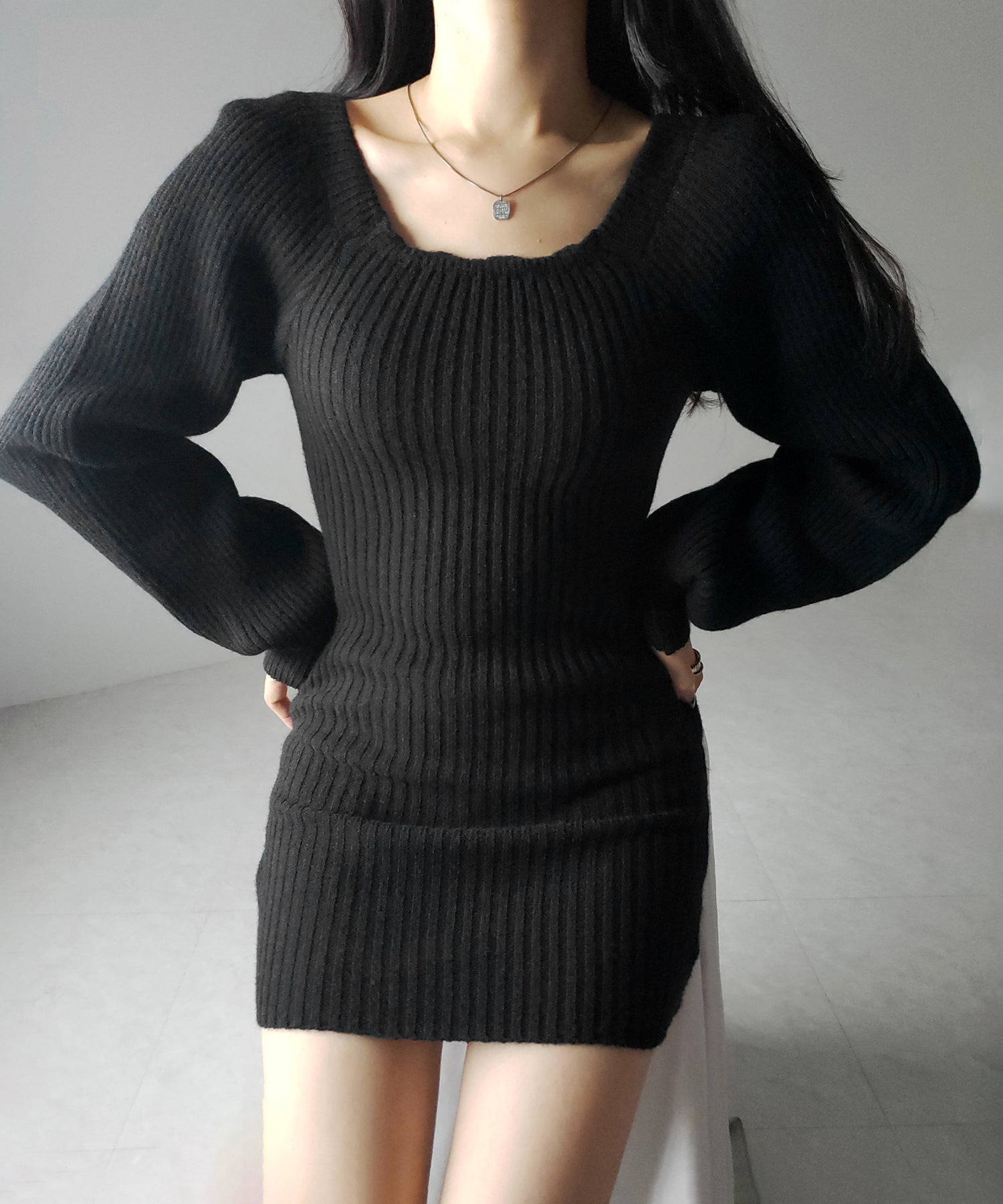 【 2color 】スクエアネックリブニットミニワンピース / square neck rib knit mini one piece