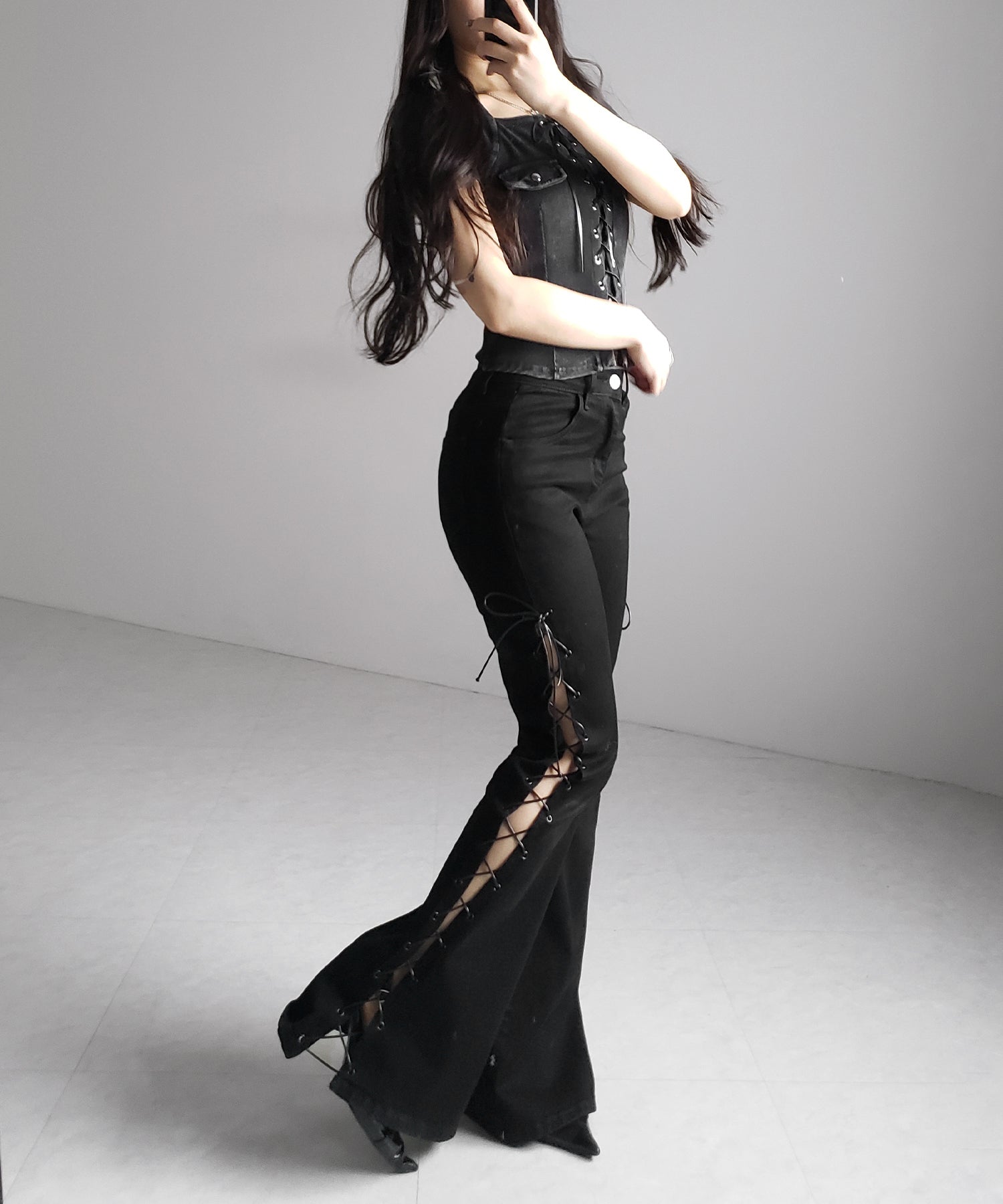 ヴィンテージレースアップスクエア半袖Tシャツ / vintage laceup square T-shirts