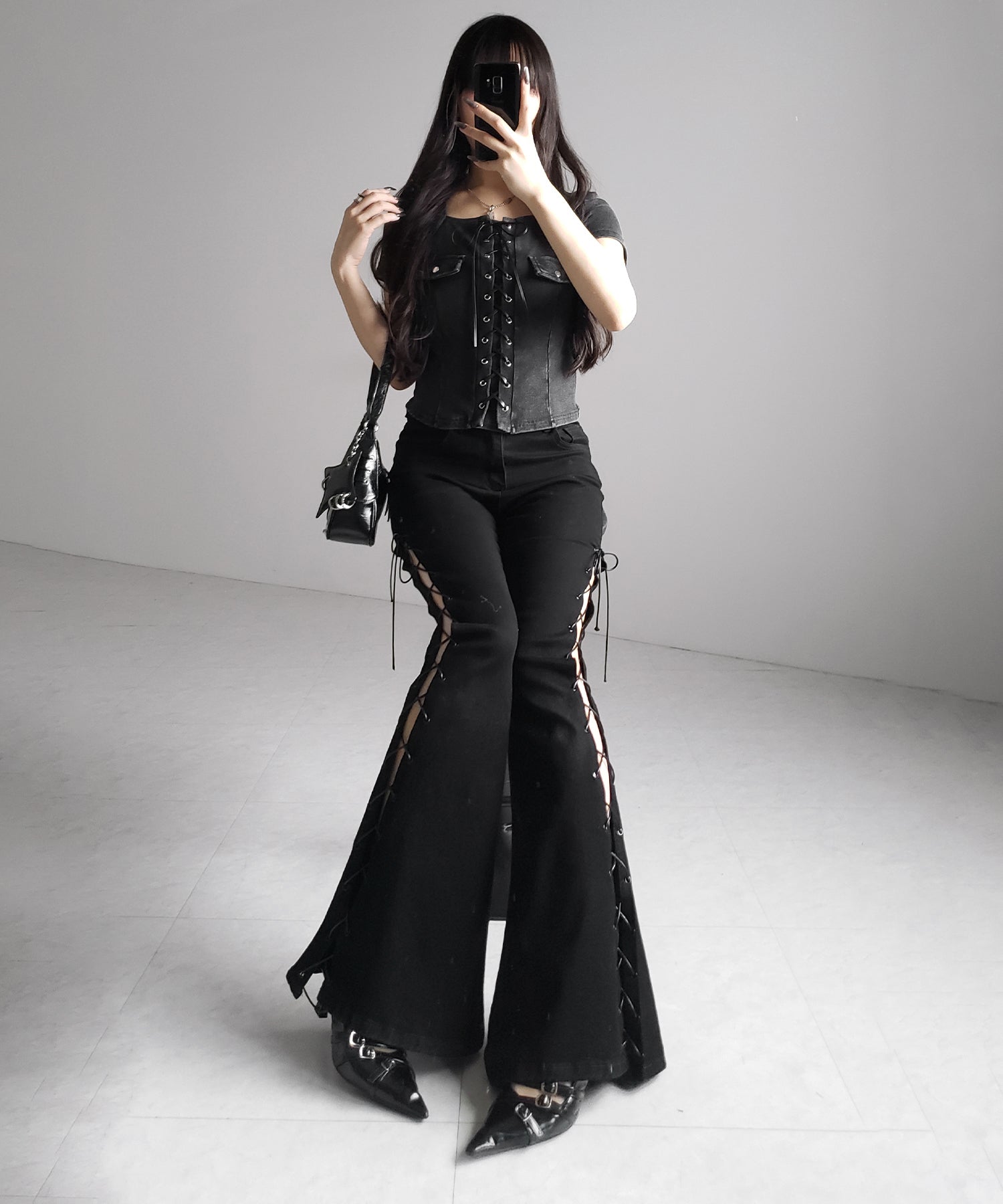 ヴィンテージレースアップスクエア半袖Tシャツ / vintage laceup square T-shirts