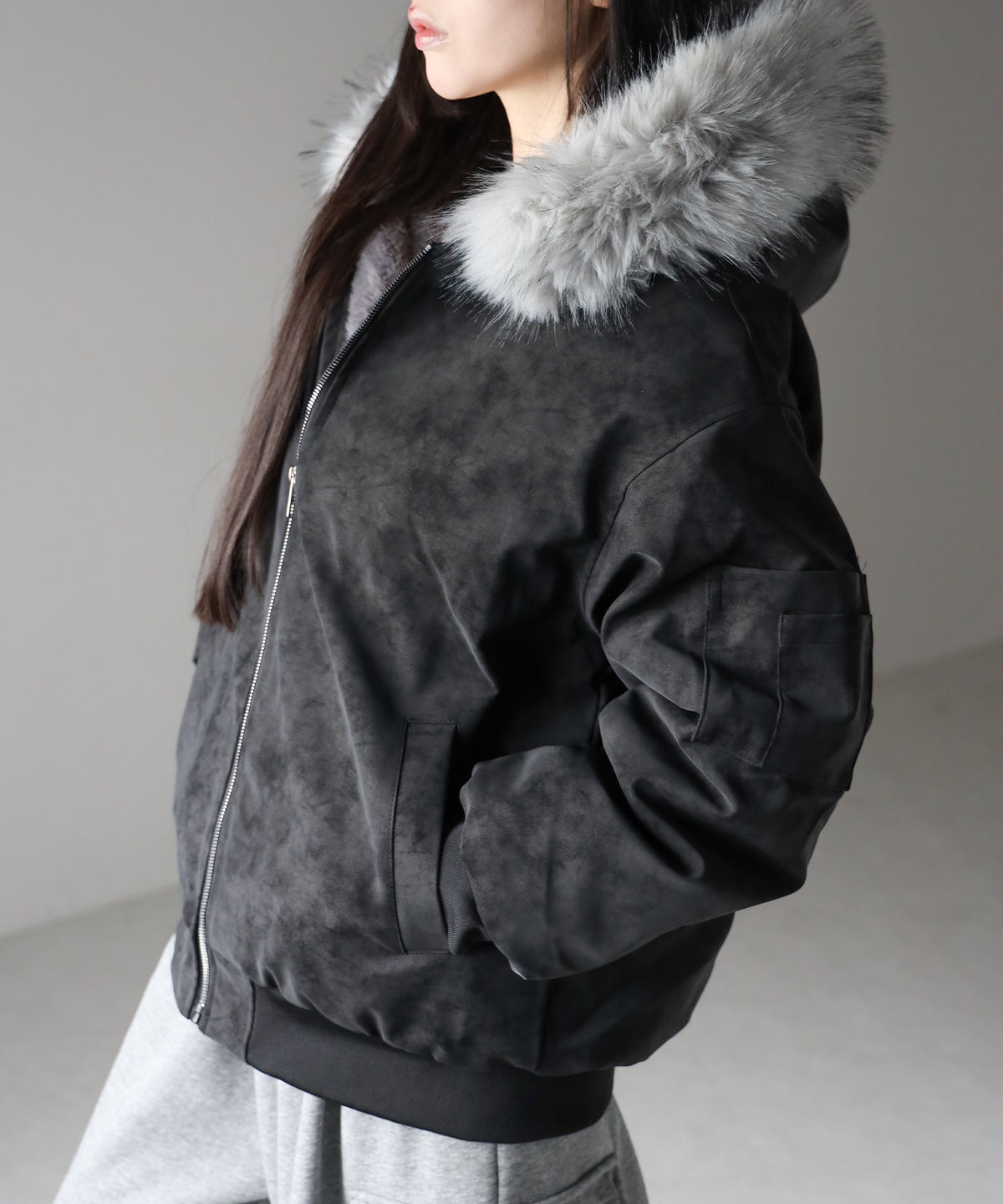 ファーフードヴィンテージフェイクレザーオーバーブルゾン / fur hooded vintage fake leather over blouson