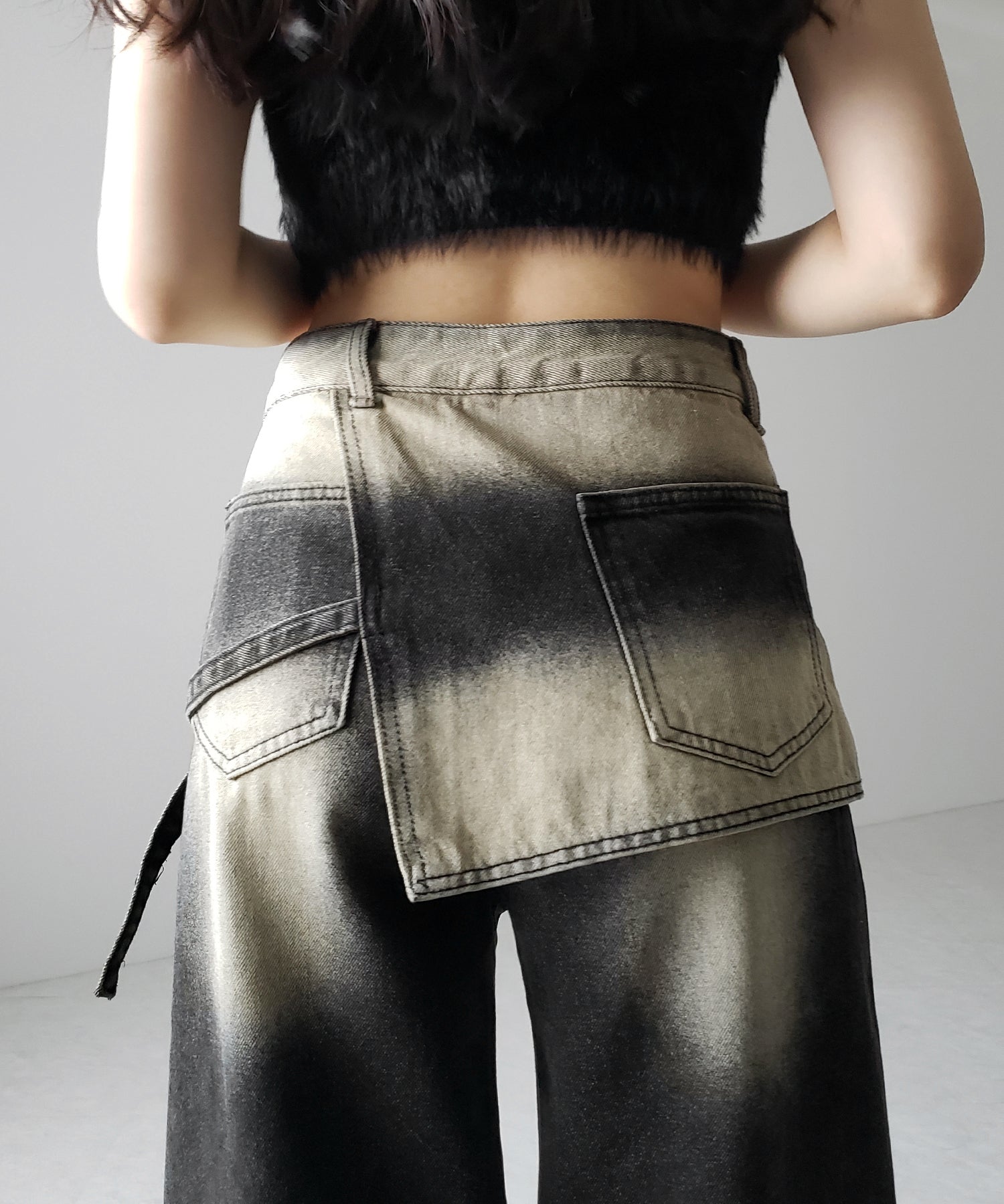 【 2color /4size 】ラップレイヤードバイカラーブリーチワイドデニム / wrap layered bicolor bleach wide denim