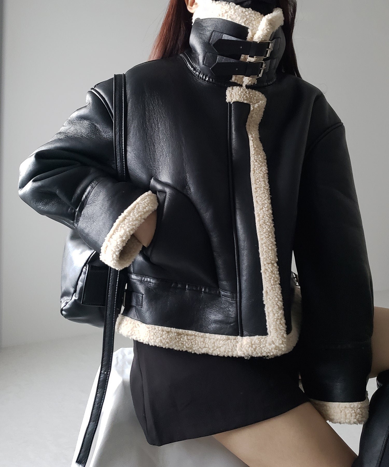 フェイクレザームートンB-3クロップドフライトジャケット