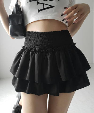 2段フリルシャーリングミニスカパン / double frill shirring mini skirt pants