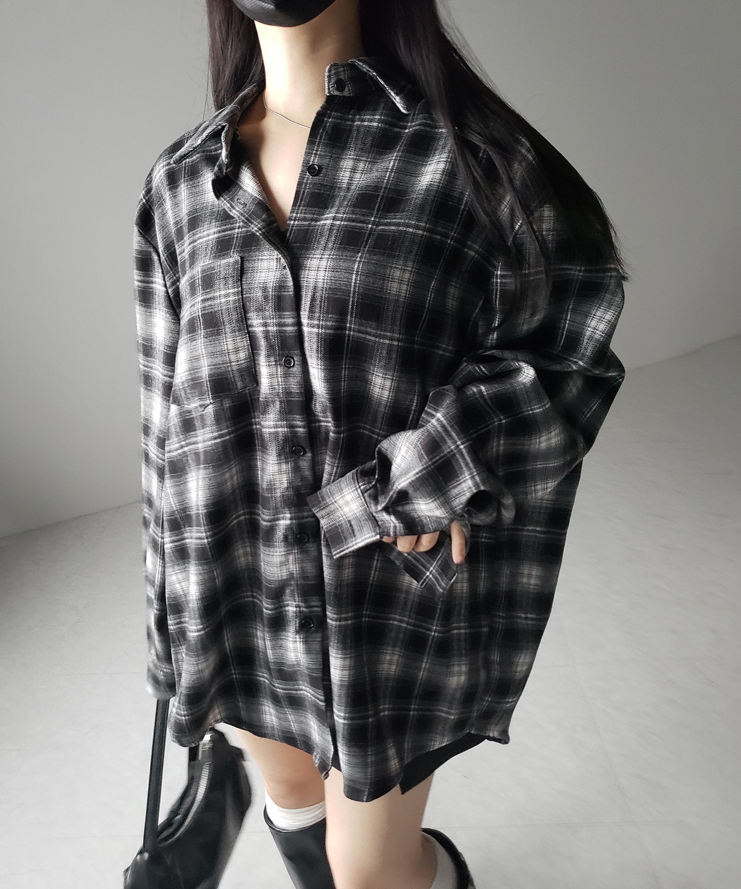 ビッグシルエットブラックチェックネルシャツ / big silhouette black check flannel shirt