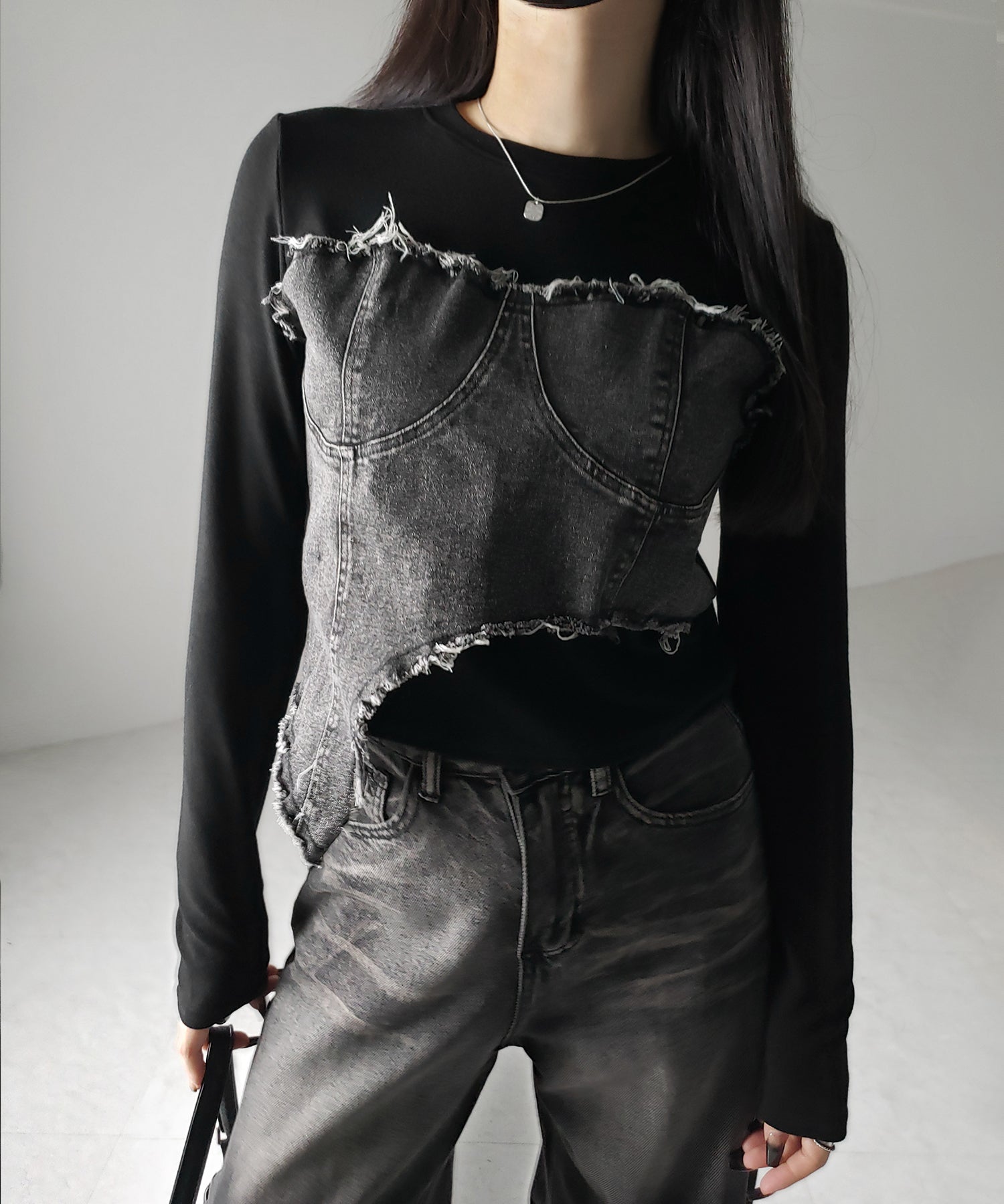 【 2color 】ダメージデニムビスチェドッキングTシャツ / damage denim bustier docking Tee