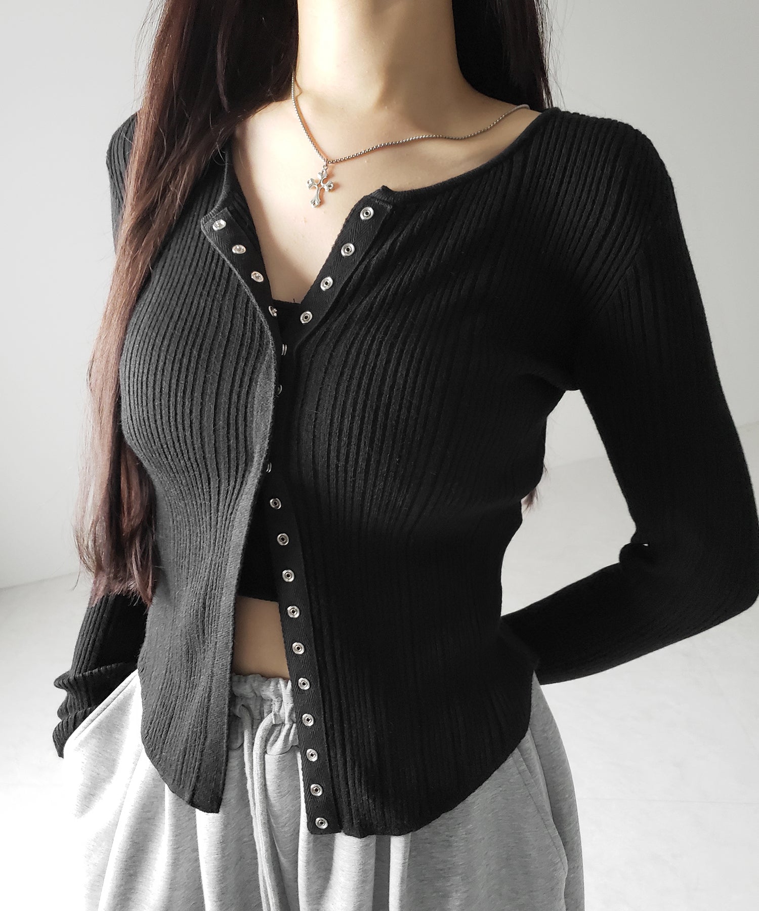 【 3color 】スナップボタンリブニットスリムカーディガン / snap button rib knit slim cardigan
