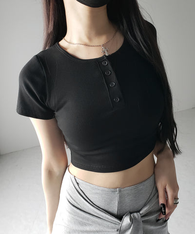 ヘンリーネック半袖ショートリブTシャツ /henley neck short sleeve short lib T-shirt