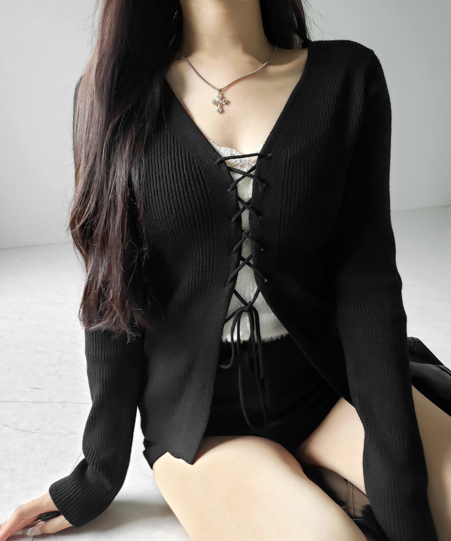 【 3color 】レースアップリボンリブニットカーディガン / lace up ribbon rib knit cardigan