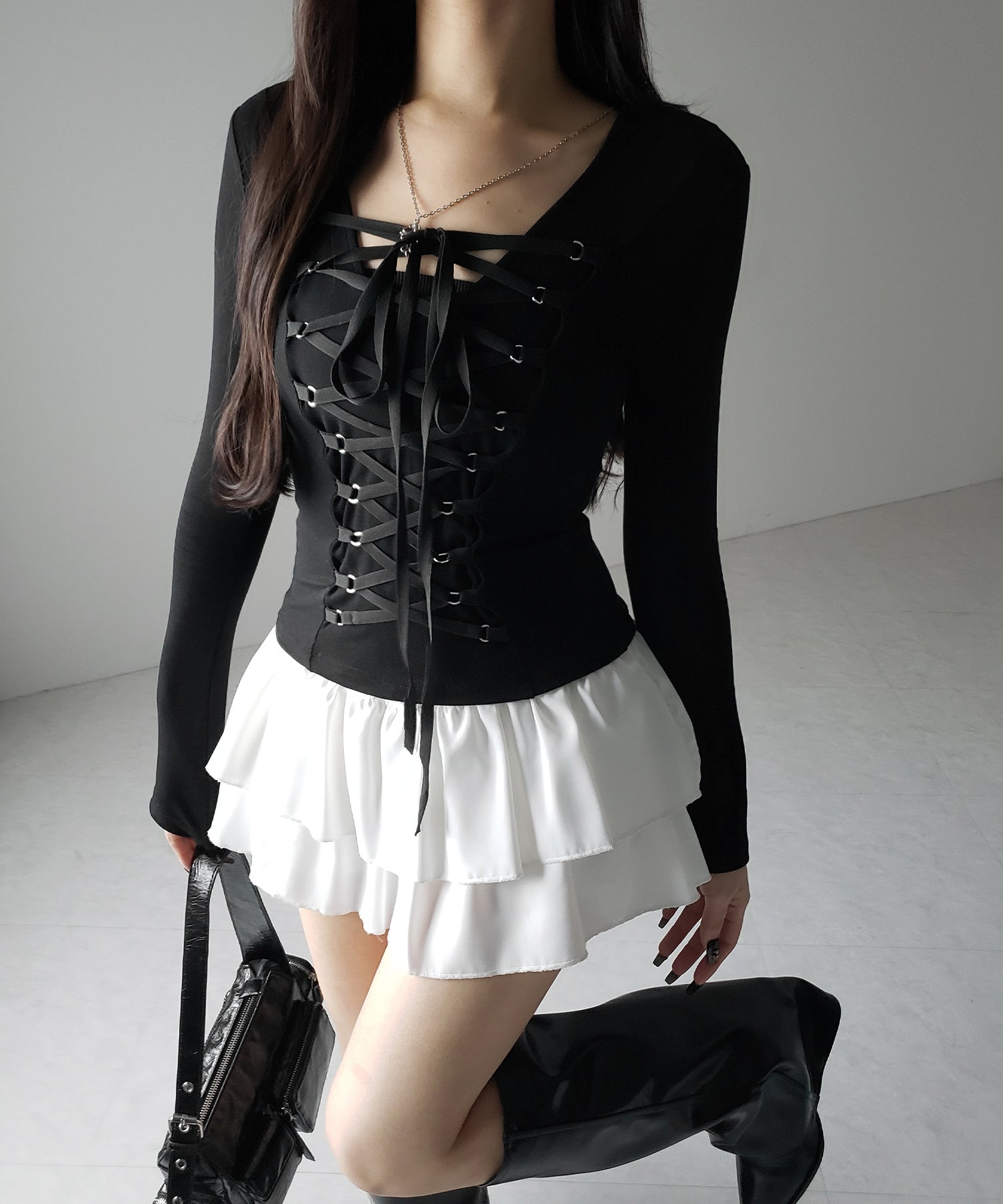 【 新色ピンク追加! /3WAY 】レースアップコルセットリボンチョーカートップス / lace up corset ribbon choker tops