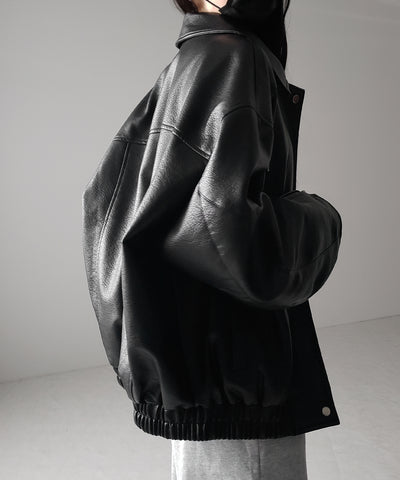 【 2color 】ヴィンテージライクボリュームスリーブフェイクレザーブルゾン / vintage like volume sleeve fake leather blouson