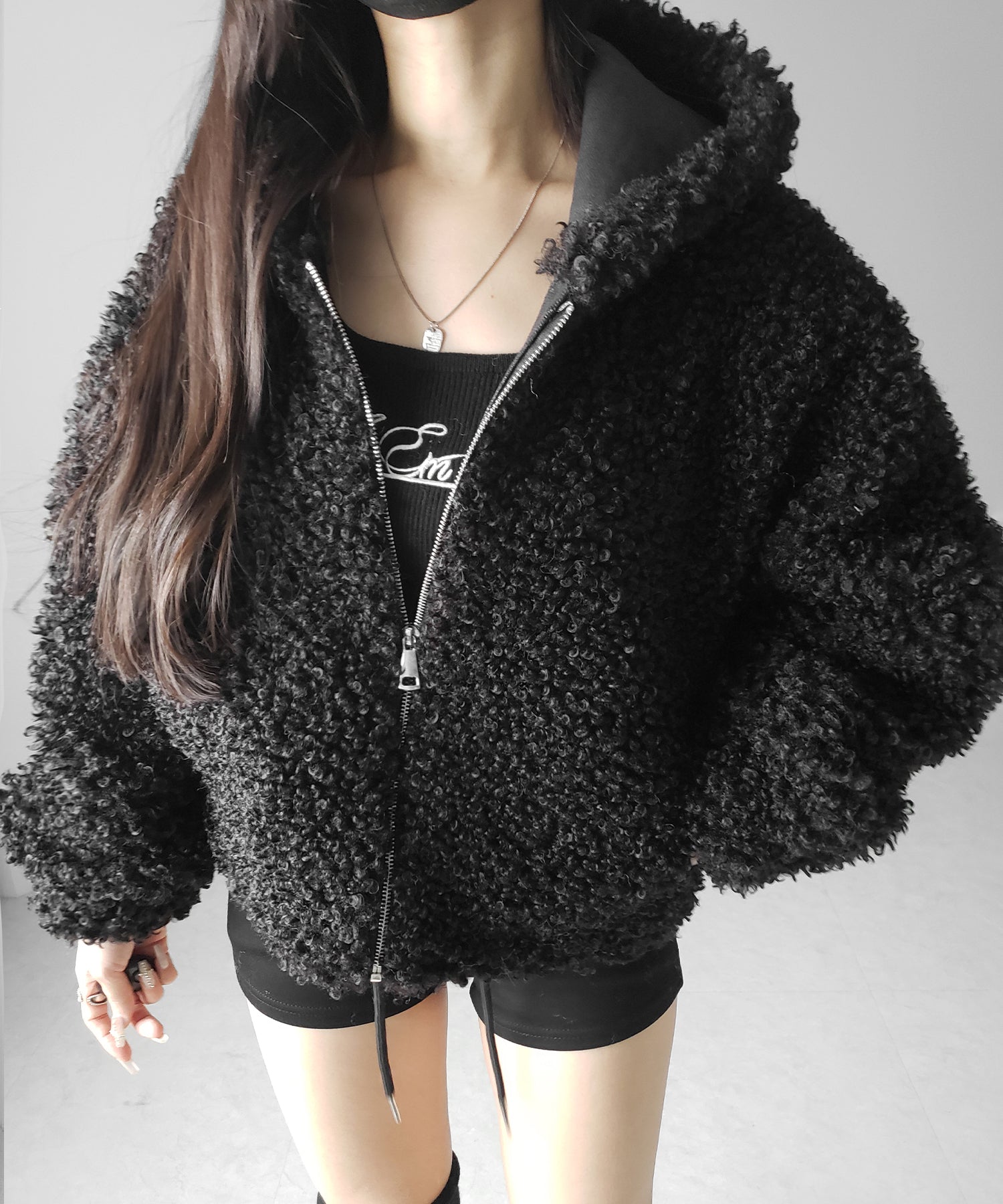 テディボアジップアップフーディクロップドコート / teddy boa zipup hoodie cropped cat