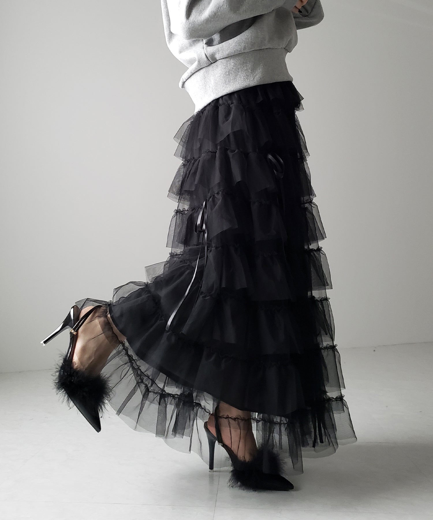 【 新色ピンク追加!/5color 】ストラップリボンバレエコアチュールスカート /strap ribbon ballet core tulle skirt