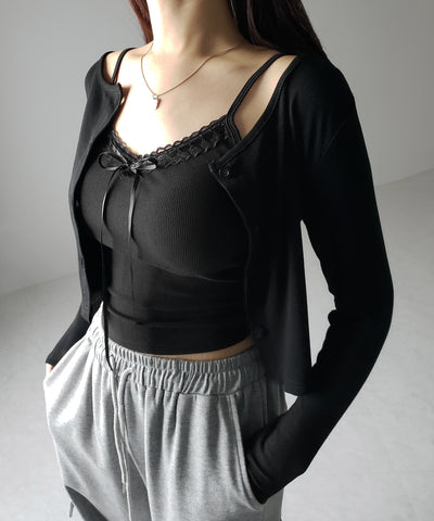 【 カップ付き 】サテンリボンレースリブキャミソール / satin ribbon lace lib camisole