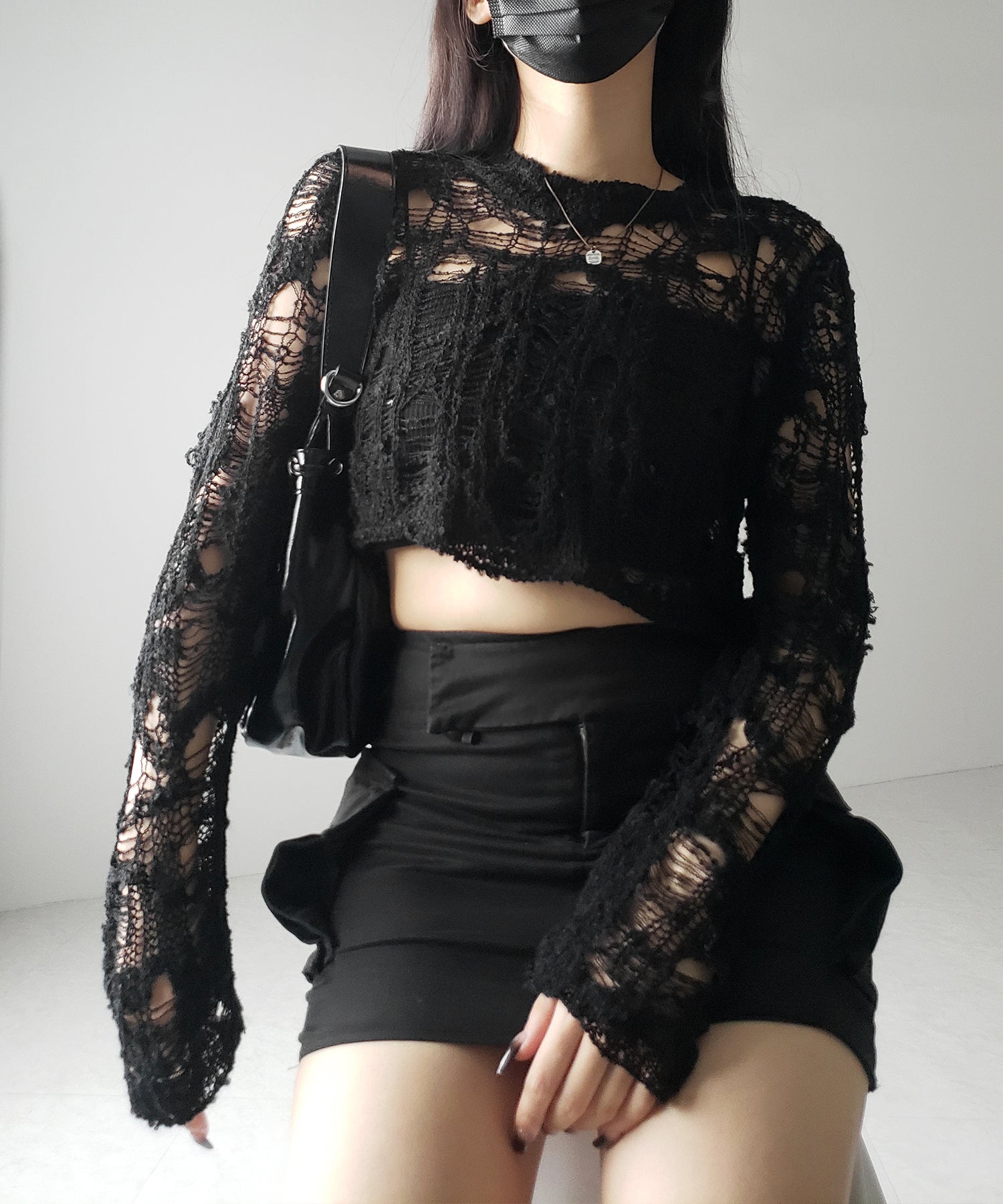クラッシュダメージショートシアーニット / crush damage short sheer knit
