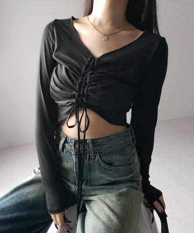 レースアップショートスリムカットソートップス / lace up short slim cut and sew tops