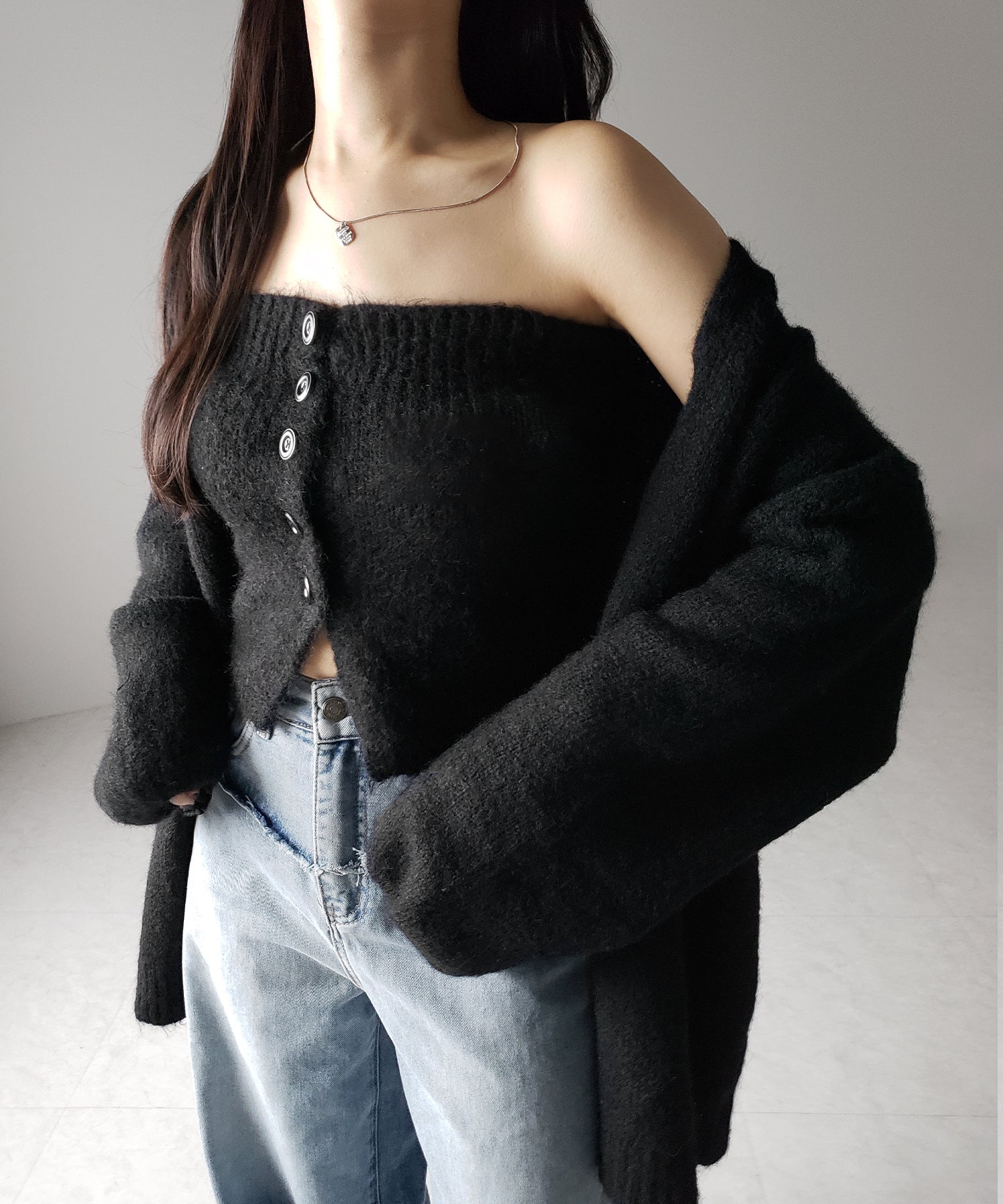 【 新色追加 /2点セット 】ニットボタンビスチェ +ロングカーディガンセット / knit button bustier + long cardigan set