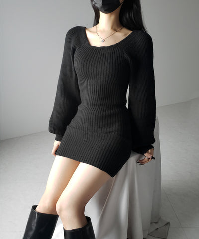 スクエアネックリブニットミニワンピース / square neck rib knit mini one piece